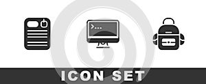 Set Dossier folder, Computer monitor and School backpack icon. Vector