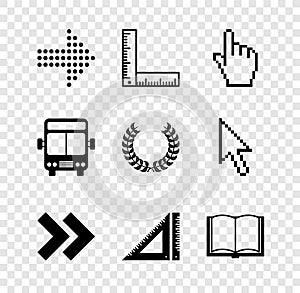 Set Dots arrow, Folding ruler, Pixel hand cursor, Arrow, Triangular, Open book, Bus and Laurel wreath icon. Vector