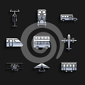 Set Double decker bus, Hang glider, Old city tram, retro vintage plane, Train, School Bus and Bicycle icon. Vector