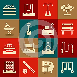 Set Double swing, Jump rope, Bench, Street light, Shovel toy, Swing boat, Pool with balls and Sandbox sand icon. Vector
