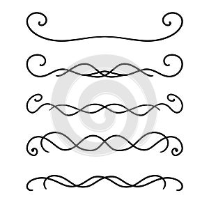 A set of double symmetrical vector dividers with curls, hand-drawn with a black line, borders