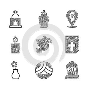 Set Dove, Memorial wreath, Tombstone with RIP written, Calendar death, Flower in vase, Burning candle, Coffin cross and