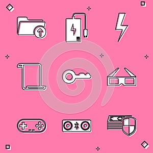 Set Download arrow with folder, Power bank, Lightning bolt, Paper scroll, Key and 3D cinema glasses icon. Vector