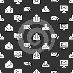 Set Download inbox, Monitor and envelope, Outgoing mail and Envelope with shield on seamless pattern. Vector