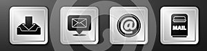 Set Download inbox, Speech bubble with envelope, Mail and e-mail and Mail box icon. Silver square button. Vector
