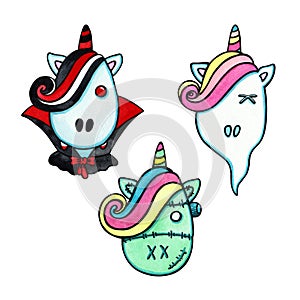 Set of Dracula, ghost and Frankenstein unicorns