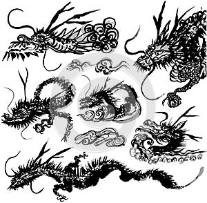 Set of dragon illustrations. brush stroke illustrations.