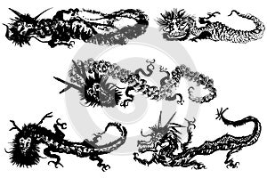 Set of dragons. brush stroke illustration.