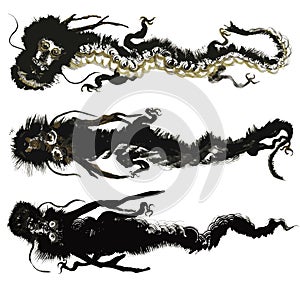 Set of dragons. brush stroke illustration. ink art.