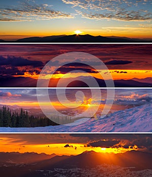 Set of dramatic sunset and sunrise in mountains. Amazing colorful landscapes with beautiful sunlight. photo
