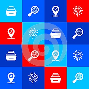 Set Drawer with documents, Microorganisms under magnifier, Location service and Bacteria icon. Vector