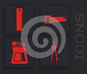 Set Drawing compass, Ruler, Hand saw and Cement bag icon. Vector