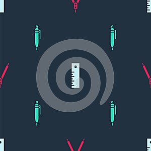 Set Drawing compass, Ruler and Pen on seamless pattern. Vector