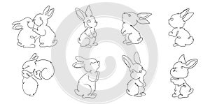 Set of drawing Easter rabbit. Cute bunny in the line art style, minimal logo tattoo