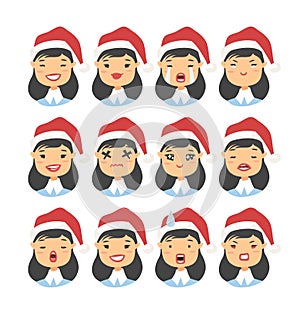 Set of drawing emotional asian character with Christmas hat. Cartoon style emotion icon. Flat illustration girl avatar with
