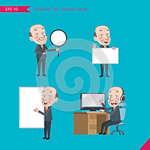 Set of drawing flat character style, business concept ceo activities - banner, whiteboard, computing, telemarketing, introduction