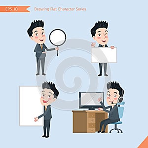 Set of drawing flat character style, business concept young office worker activities - banner, whiteboard, computing