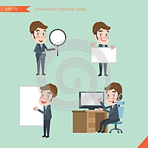 Set of drawing flat character style, business concept young office worker activities - banner, whiteboard, computing