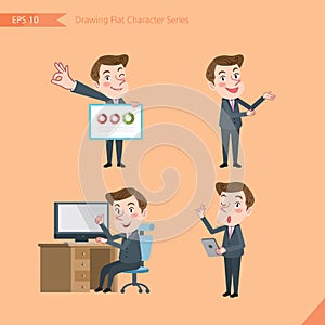 Set of drawing flat character style, business concept young office worker activities - presentation, ok sign, troubleshooter photo