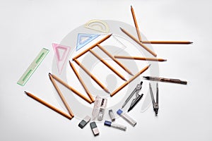 Set of drawing instruments isolated on white background. school