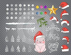 Set drawing of snow, hanging icicles with set of 7 red caps with white pom-poms. Set of red Santa Claus hats