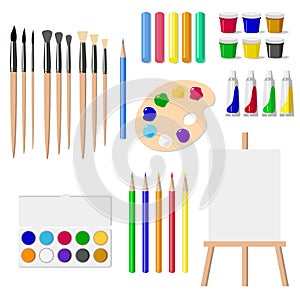 A set of drawing tools: an easel, paints, brushes, pencils, crayons, isolated objects on white background vector illustration.