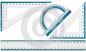 Set of drawing tools, ruler, protractor triangle, isolated on white background