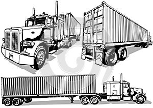 Set of Drawings of an American Truck with a Trailer