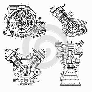 Set of drawings of engines - motor vehicle internal combustion engine, motorcycle, electric motor and a rocket. It can