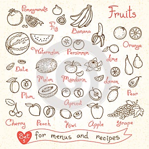 Set drawings of fruit for design menus, recipes