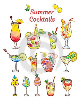 Set of drawings of summer cocktails of different colors with fruits. Watercolor and pen sketch.