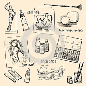A set of drawings on the theme of visual arts education