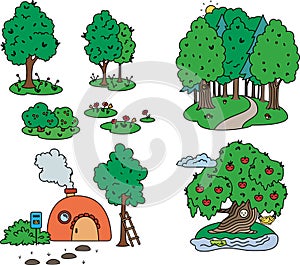 Set of drawings of trees and lawns on a transparent background