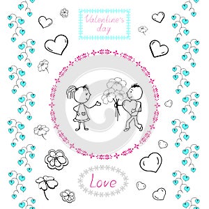 Set of drawings for Valentine`s day heart, couple in love, flowers for decoration of greeting cards