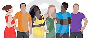 set of drawn diverse people from different ethnic groups in rainbow-colored clothes.