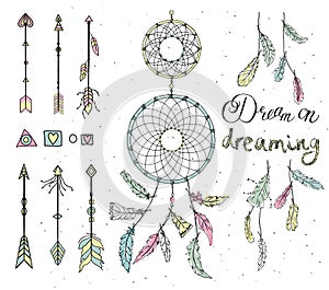 Set of drawn feathers, dream catcher, beads, geometric elements, arrows