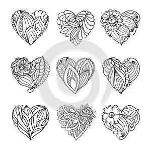 Set of drawn hearts with flowers and plants for Valentine`s Day or weddings