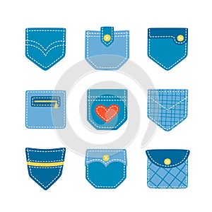 Set of and drawn patch pockets for denim pants and other clothing. Isolated cartoon vector illustration