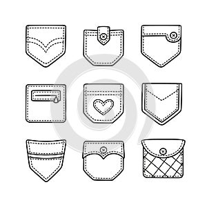 Set of and drawn patch pockets for denim pants and other clothing. Isolated doodle vector illustration