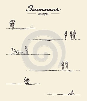 Set drawn seaside view people beach vector sketch