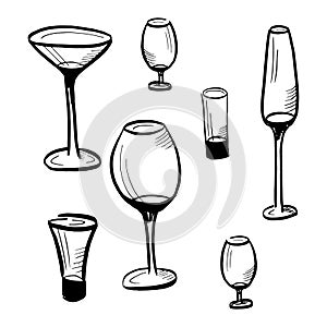 Set of drawn sketches, glass goblets isolated on white background, Vector