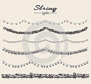 Set drawn string lights garlands design vector