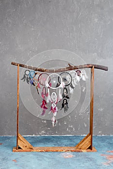 Set of dream catchers with different colors. Best way to catch bad dreams or nightmares. Best options for bed decoration