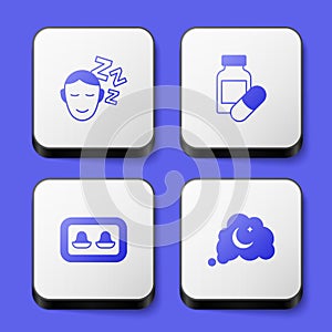Set Dreams, Sleeping pill, Earplugs with storage box and icon. White square button. Vector