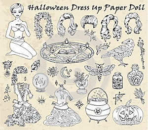 Set of dress up paper doll with Halloween witch costumes, crow, moth and pumpkin