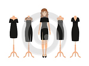 Set of dressed woman and four black little dresses on mannequins. Elegant cocktail dress isolated on a white background