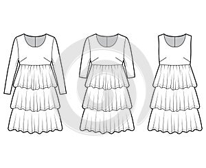 Set of dresses babydoll technical fashion illustration with long short sleeves, oversized body, knee length tiered skirt