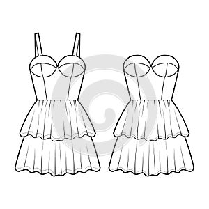 Set of dresses bustier technical fashion illustration with sleeveless, strapless, fitted body, mini length ruffle tiered