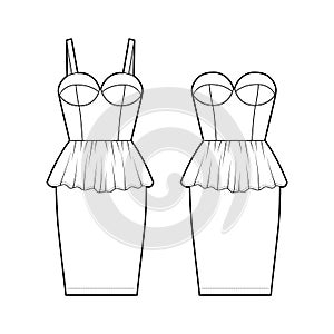 Set of dresses peplum technical fashion illustration with bustier, sleeveless, strapless, fitted body, knee length