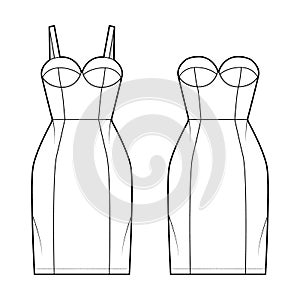 Set of dresses tube technical fashion illustration with bustier, sleeveless, strapless, fitted body, knee length skirt